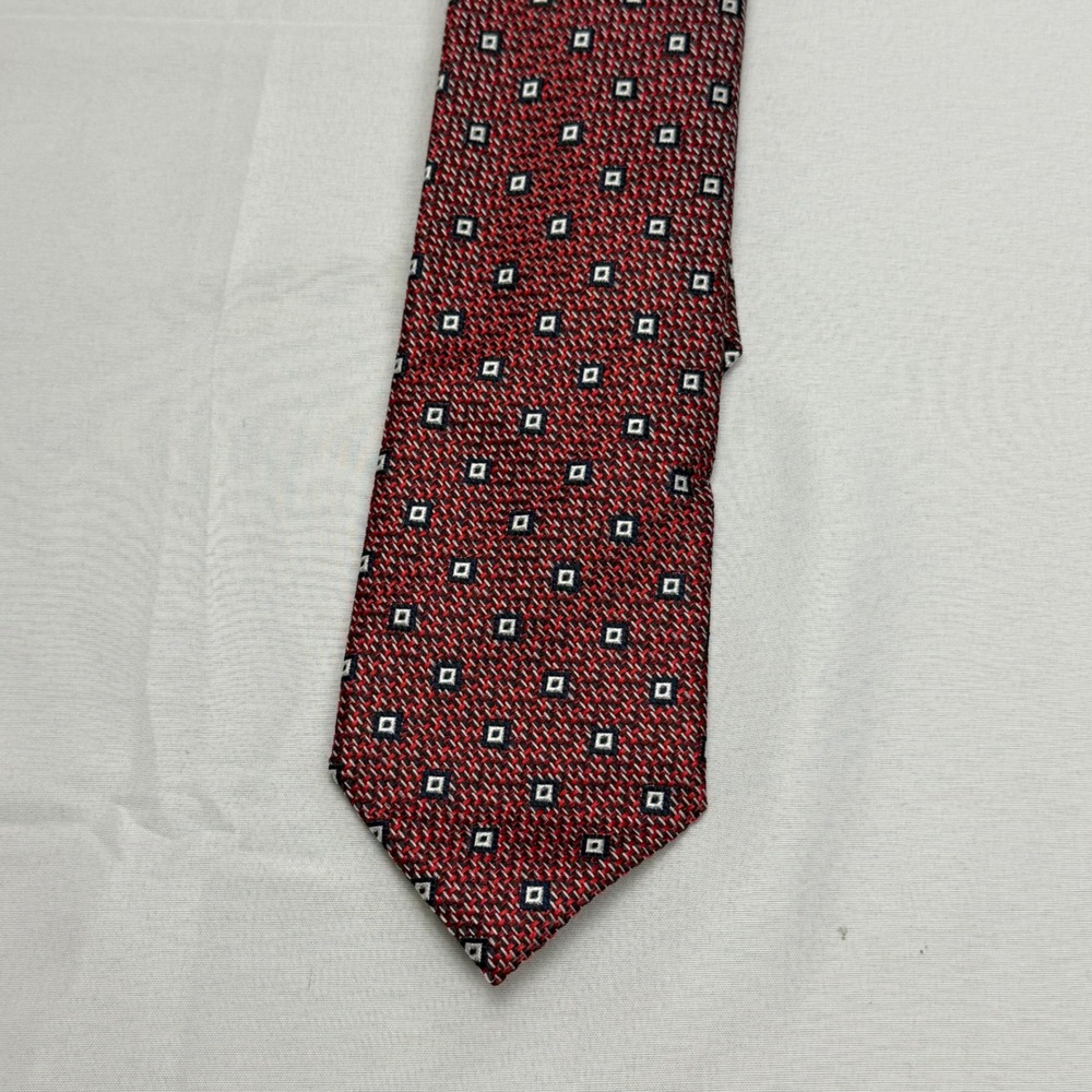 Ermenegildo Zegna Silk Tie 59 x3.25 Red Navy Blue Geometric Square Made in Italy